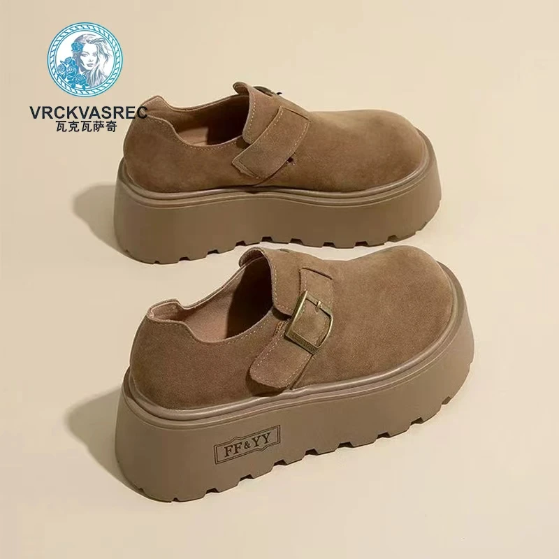 VRCKVASREC增高纯色皮扣带休闲勃肯鞋女2025年韩版新款女鞋
