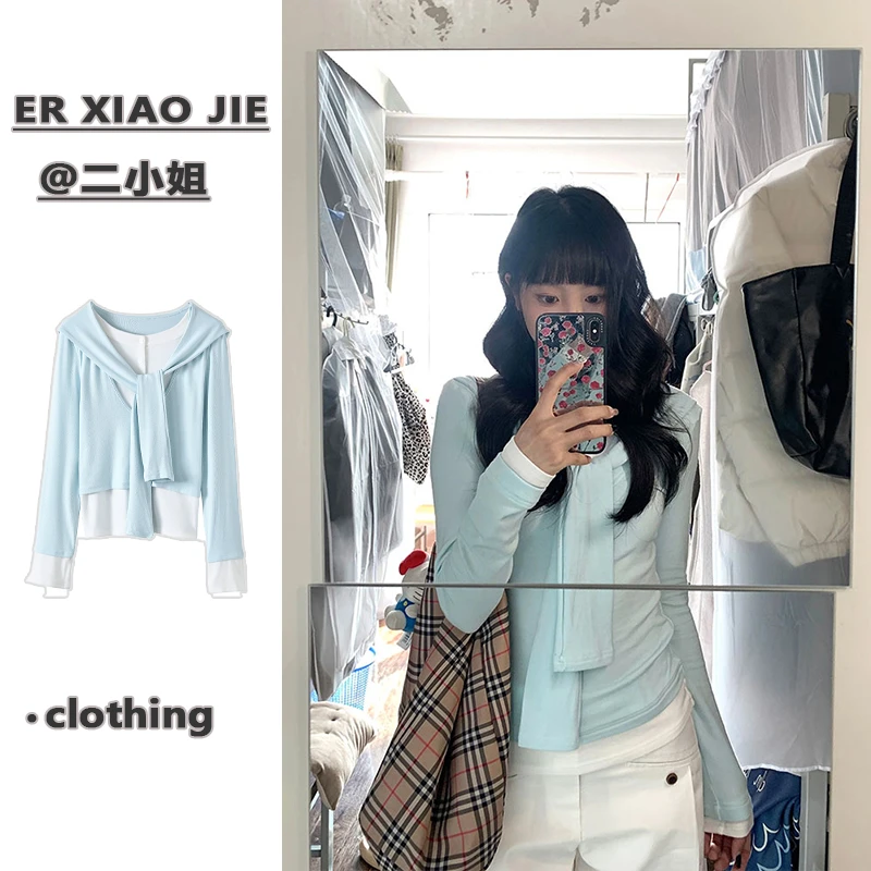 假两件围巾领披肩长袖t恤女早秋薄款设计感短款修身显瘦辣妹上衣