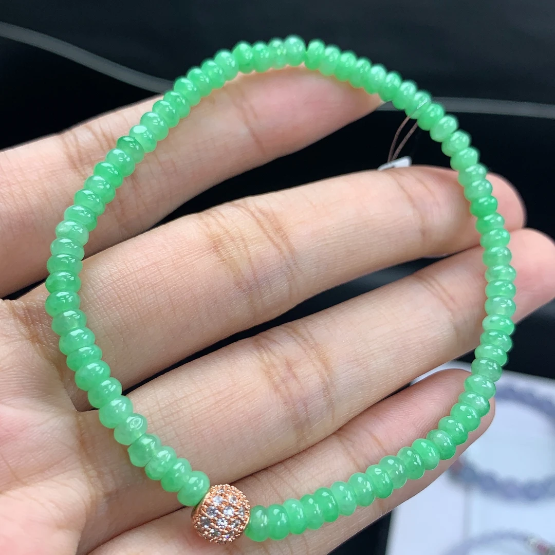 缅甸A货翡翠冰绿色算盘珠手链手串单圈2T卡4.1mm