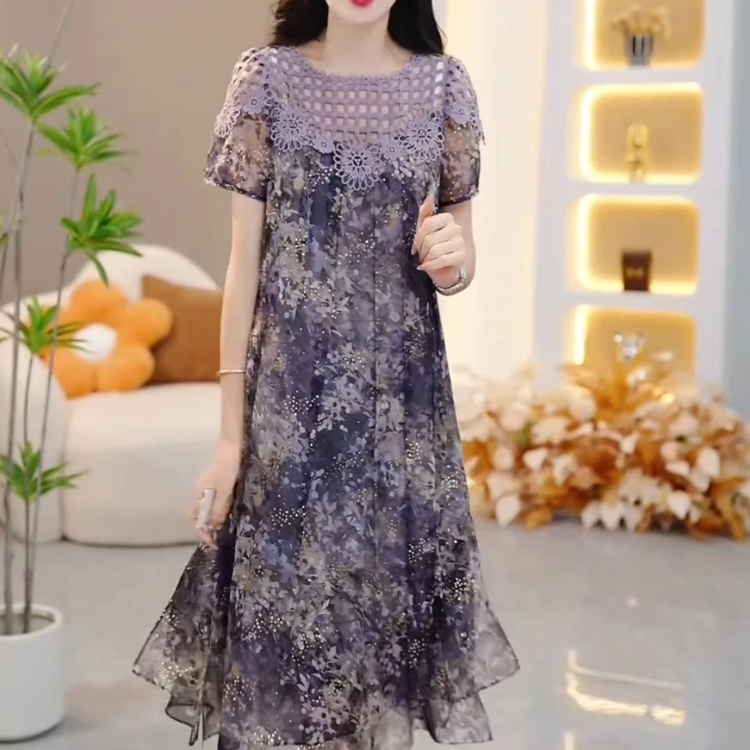 新中式花色复古宽松连衣裙女2025夏季新款修身显瘦减龄中长款裙子