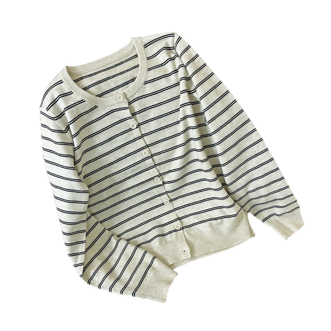 [半日闲]秋季超柔亲肤经典条纹圆领薄款百搭休闲针织衫开衫毛衣