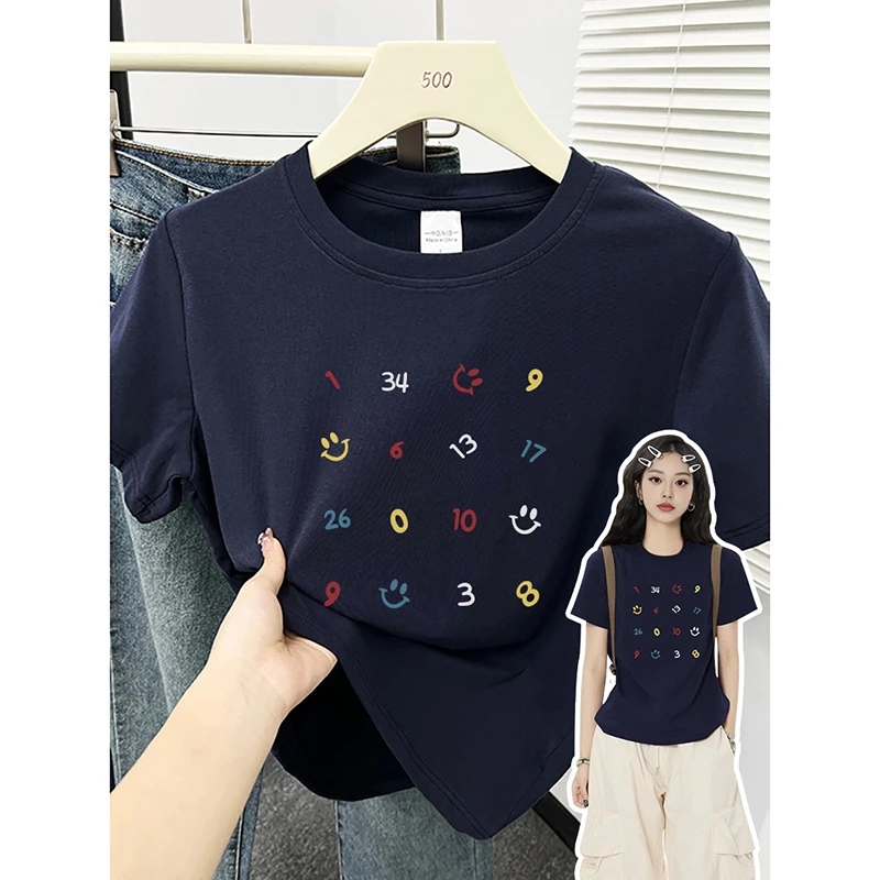 夏季正肩短袖t恤女遮肉显瘦弹力圆领上衣服小众笑脸印花修身内搭