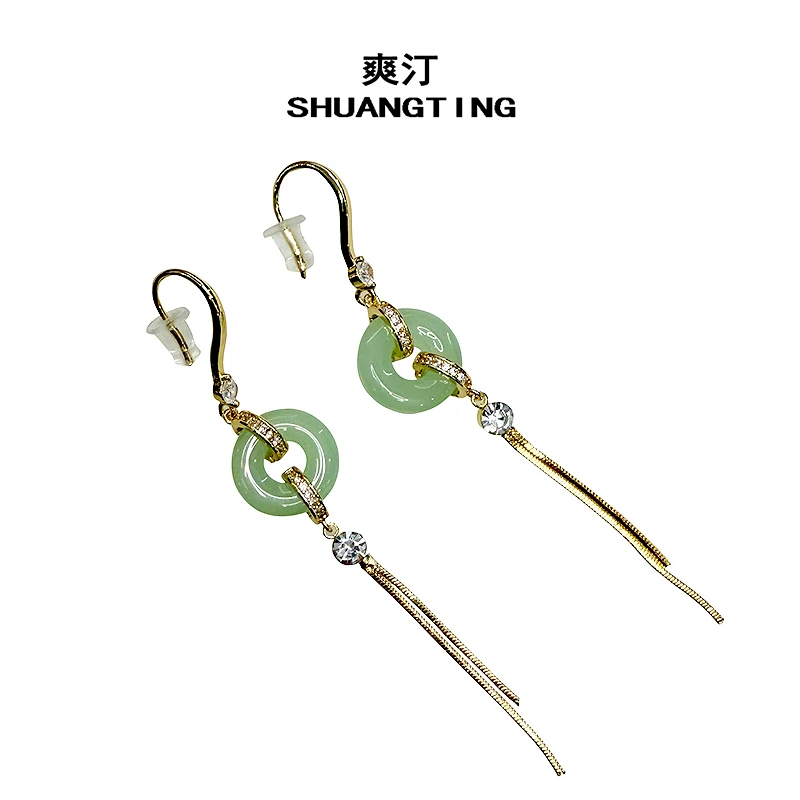 合金耳饰   925银针【松香知茉】复古镶砖气质耳环流苏轻奢长款耳饰