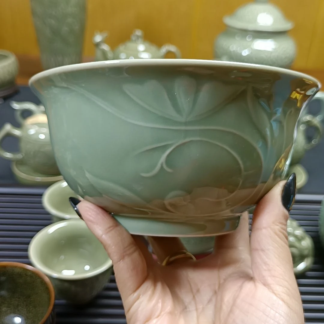 耀州窑青瓷玉兰碗微微瑕5.5英寸2只