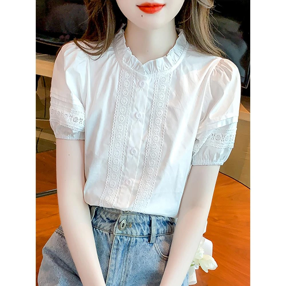 立领刺绣女士衬衫设计感夏季2025年新款薄款百搭时尚短袖纯棉衬衣