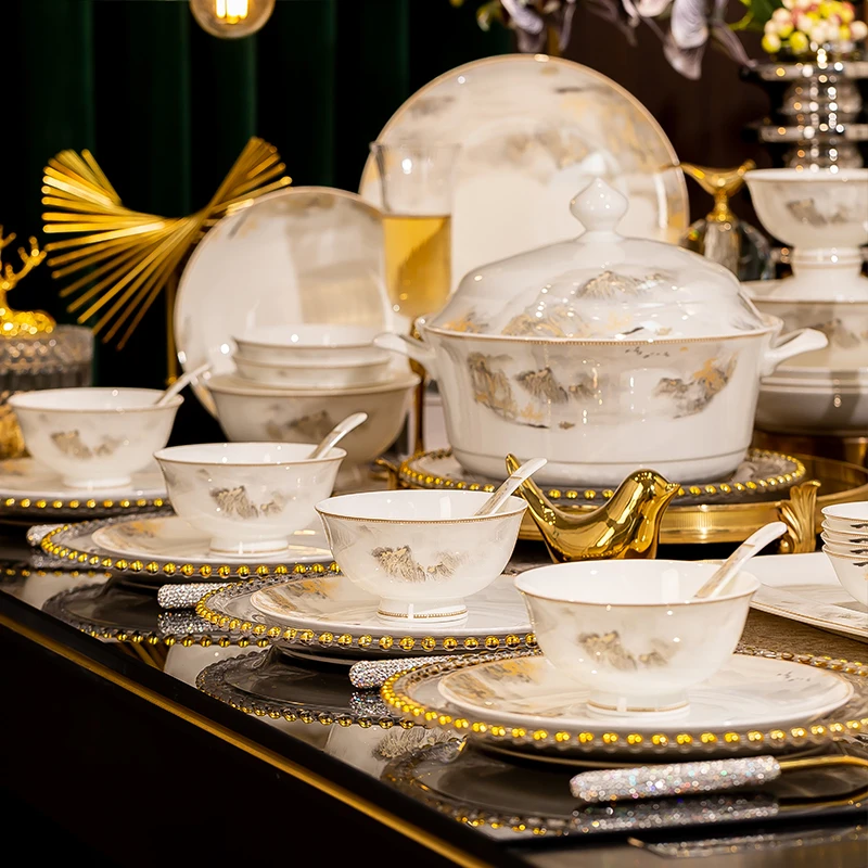 中式高档景德镇陶瓷餐具套装高颜值碗盘乔迁新居碗碟餐具套装礼物