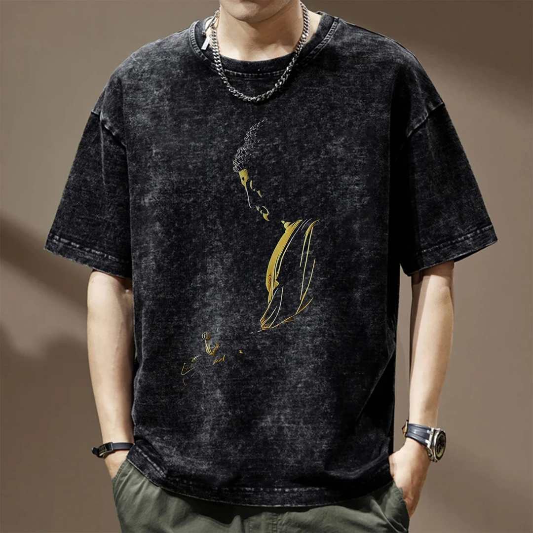 嘻哈男生夏季创意水洗短袖T恤休闲男装做旧宽松气场强大高级感