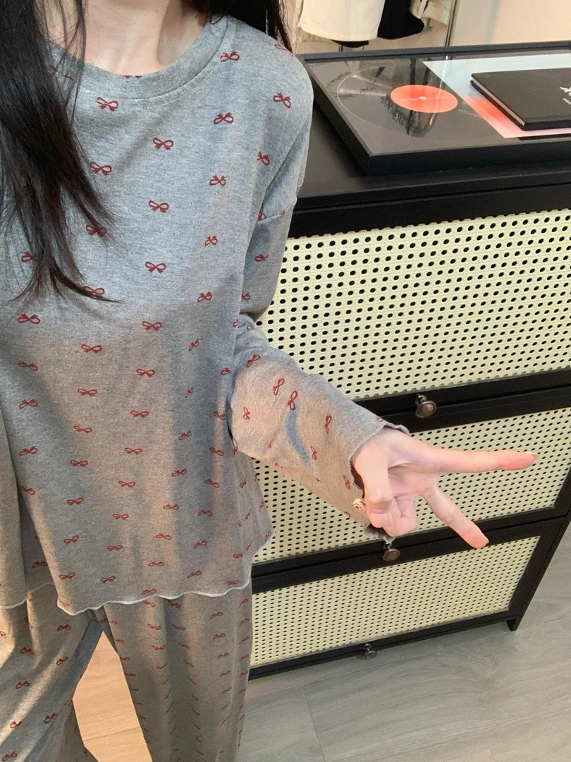 韩系蝴蝶结木耳边德绒睡衣女秋冬款2025新款慵懒风大码家居服套装