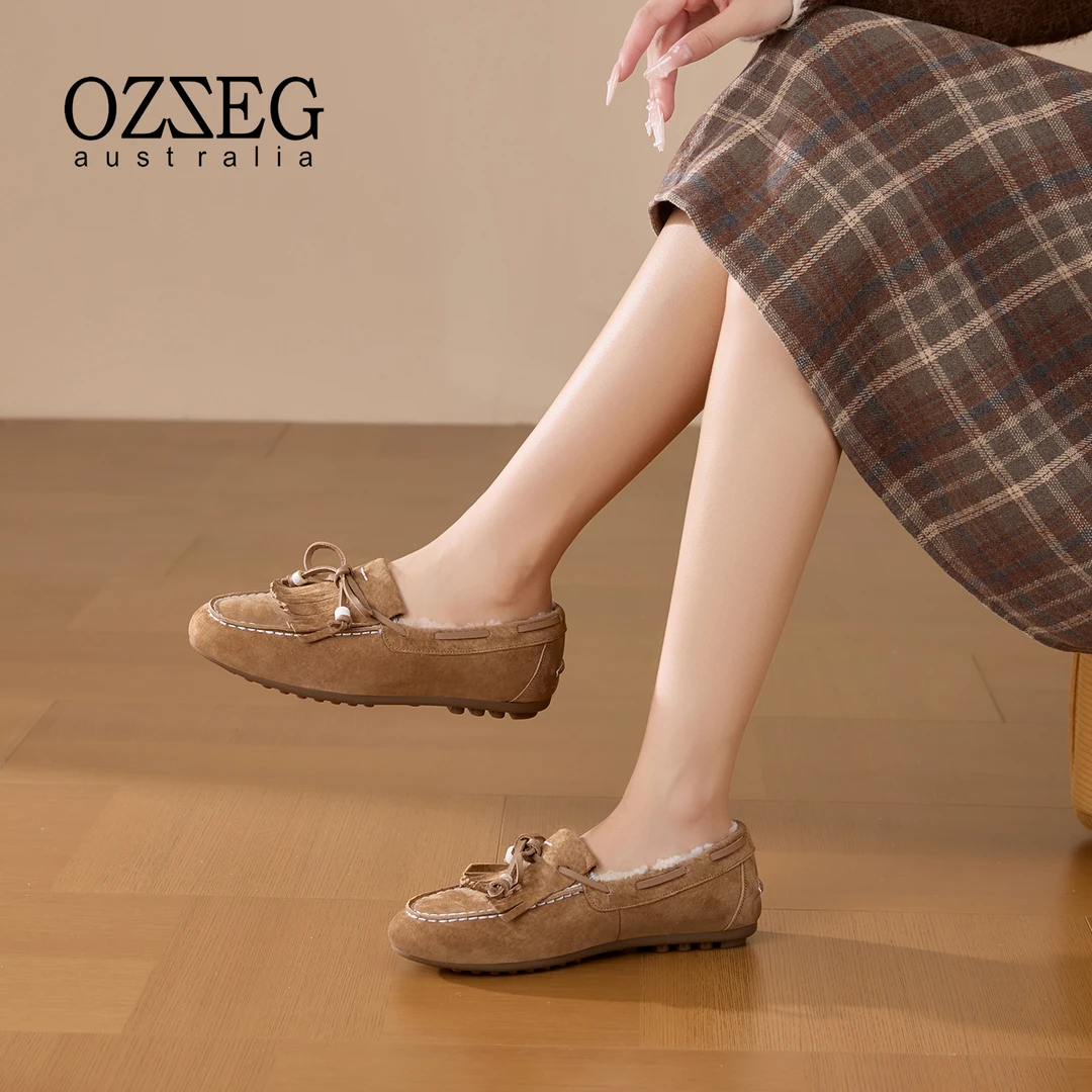 OZZEG2025年秋冬新款皮毛一体保暖豆豆鞋女真皮流苏气质棉鞋25D06