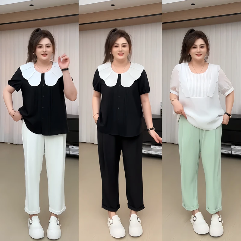 【胖佳佳】长岛冰茶 松紧腰休闲裤夏季宽松百搭翻边裤子H624Z09430