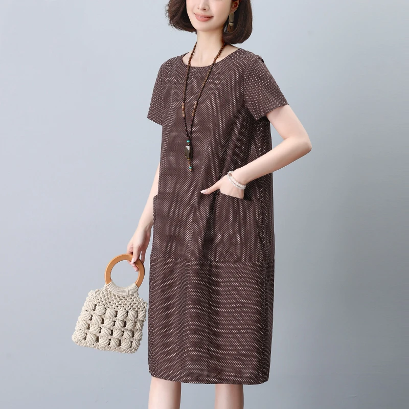 圆点夏季中腰圆领棉麻连衣裙休闲女装洋气妈妈中长款大码韩版裙子