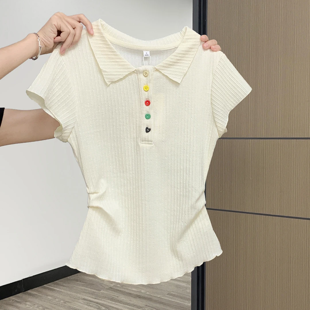 彩色纽扣Polo翻领杏色甜美短袖夏季褶皱收腰T恤女小个子修身上衣