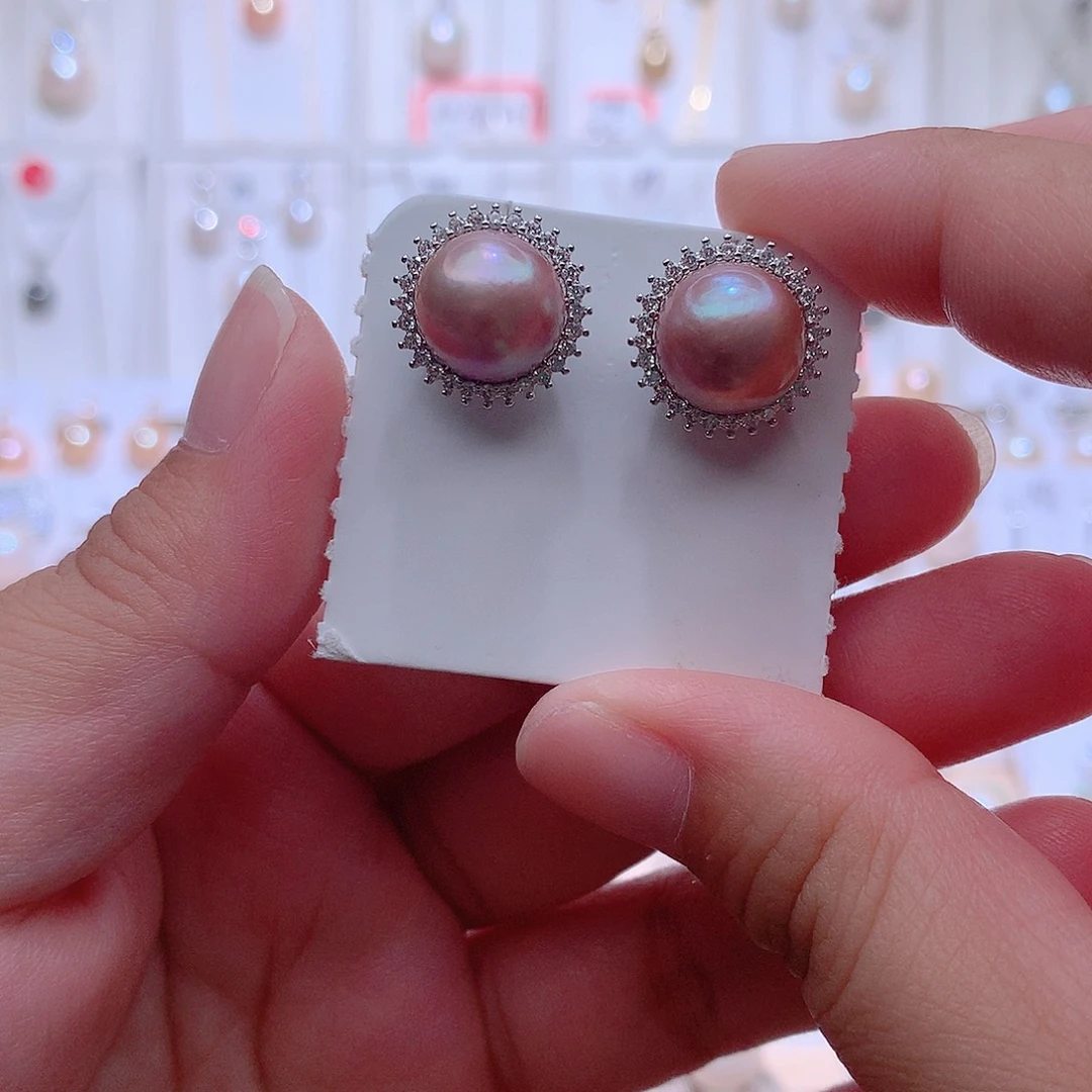 耳饰银S925镶嵌淡水珍珠CC11mm