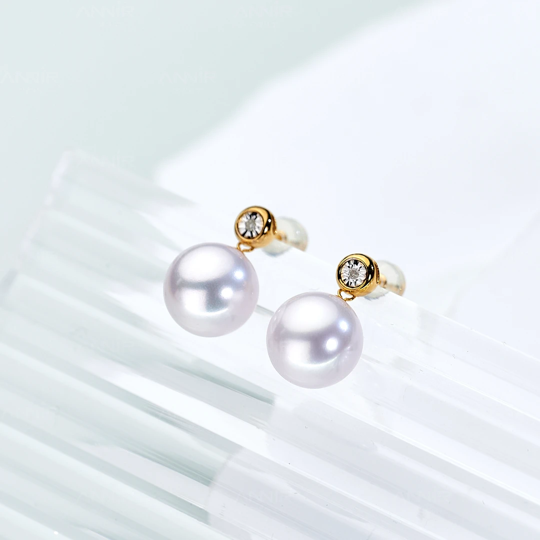 “钻石圆泡泡”极光正圆无核珍珠耳钉18K金 10-11mm 353H000DY