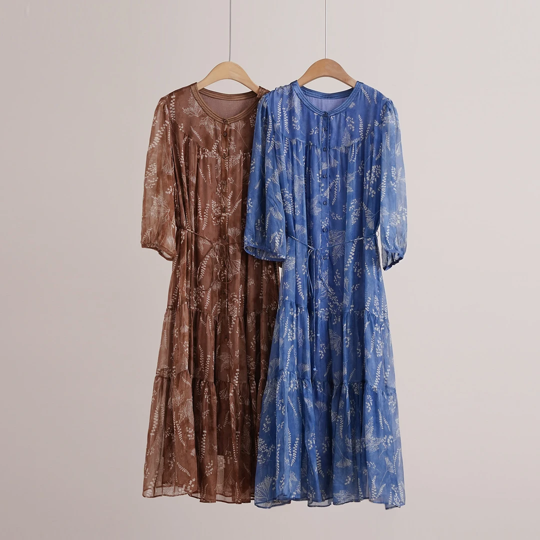 6A级乔其纱100%桑蚕丝法式唯美真丝印花度假风女士连衣裙（251056）