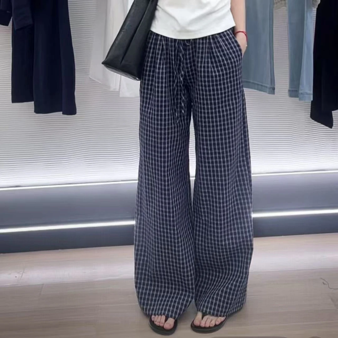 【阿凯自制】 8292 美式复古格子休闲裤抽绳绑带阔腿裤（裤长102）