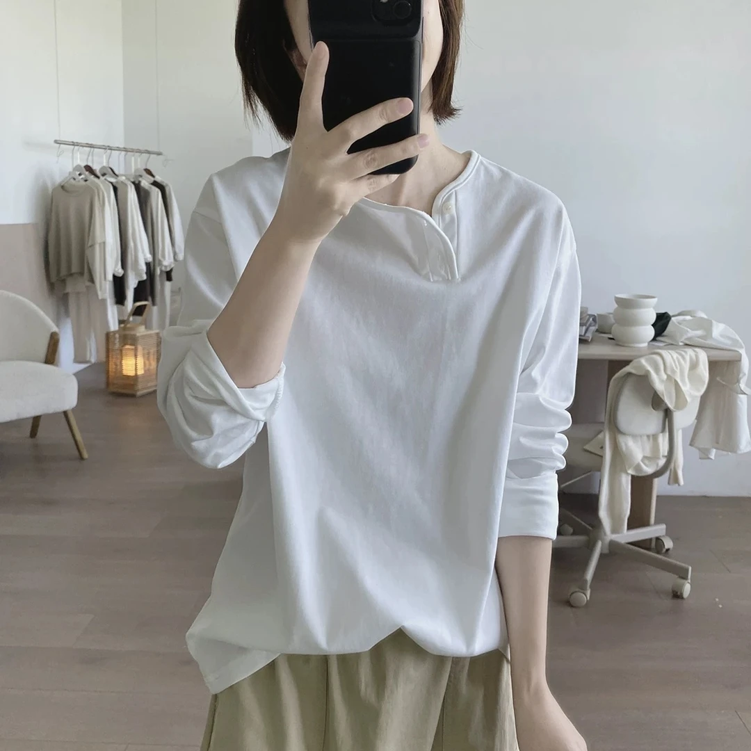 2025新款纯棉秋装港风时尚设计感圆领宽松纽扣长袖T恤女式打底衫