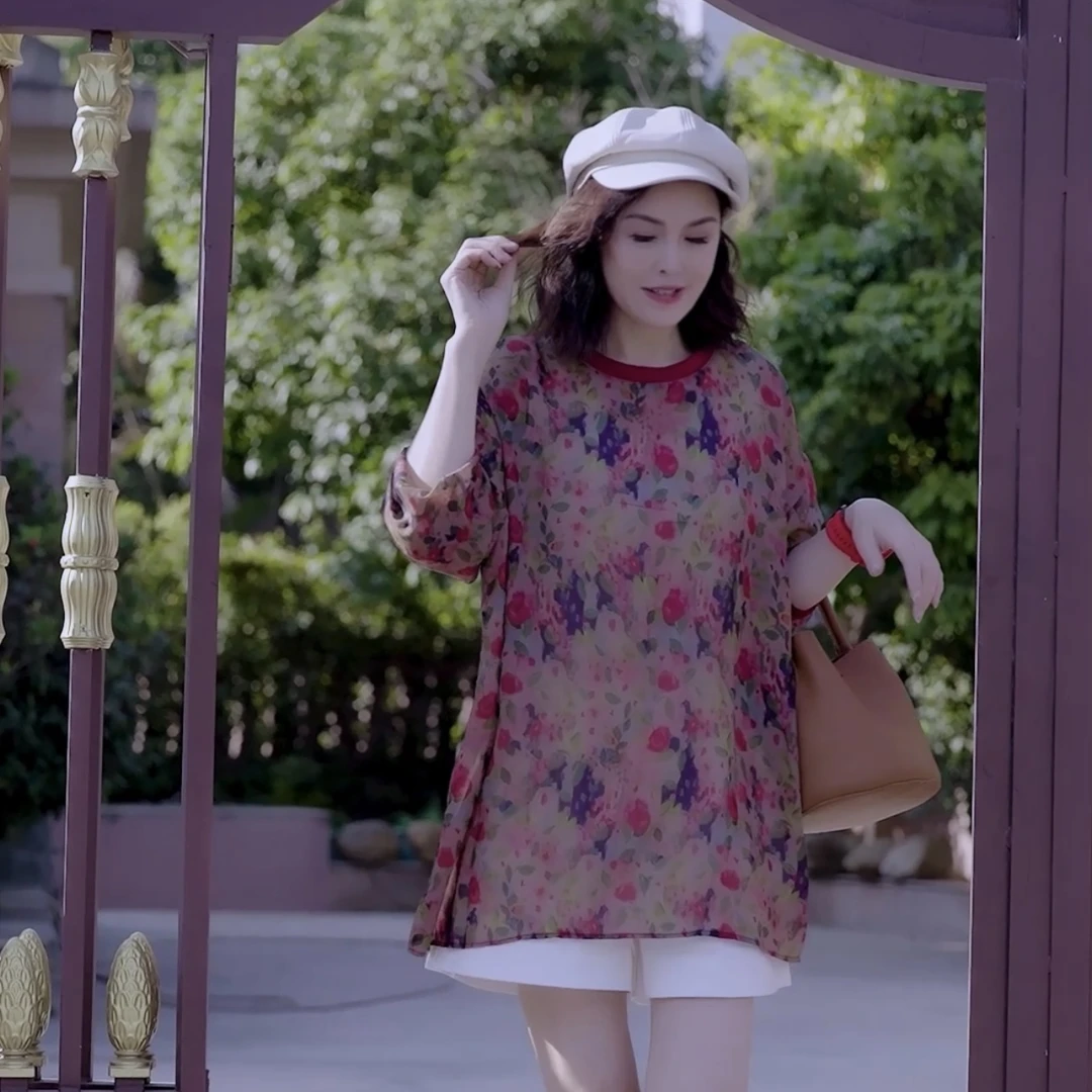 波点咖色丝麻2025新款韩国宽松显瘦印花打底上衣潮休闲