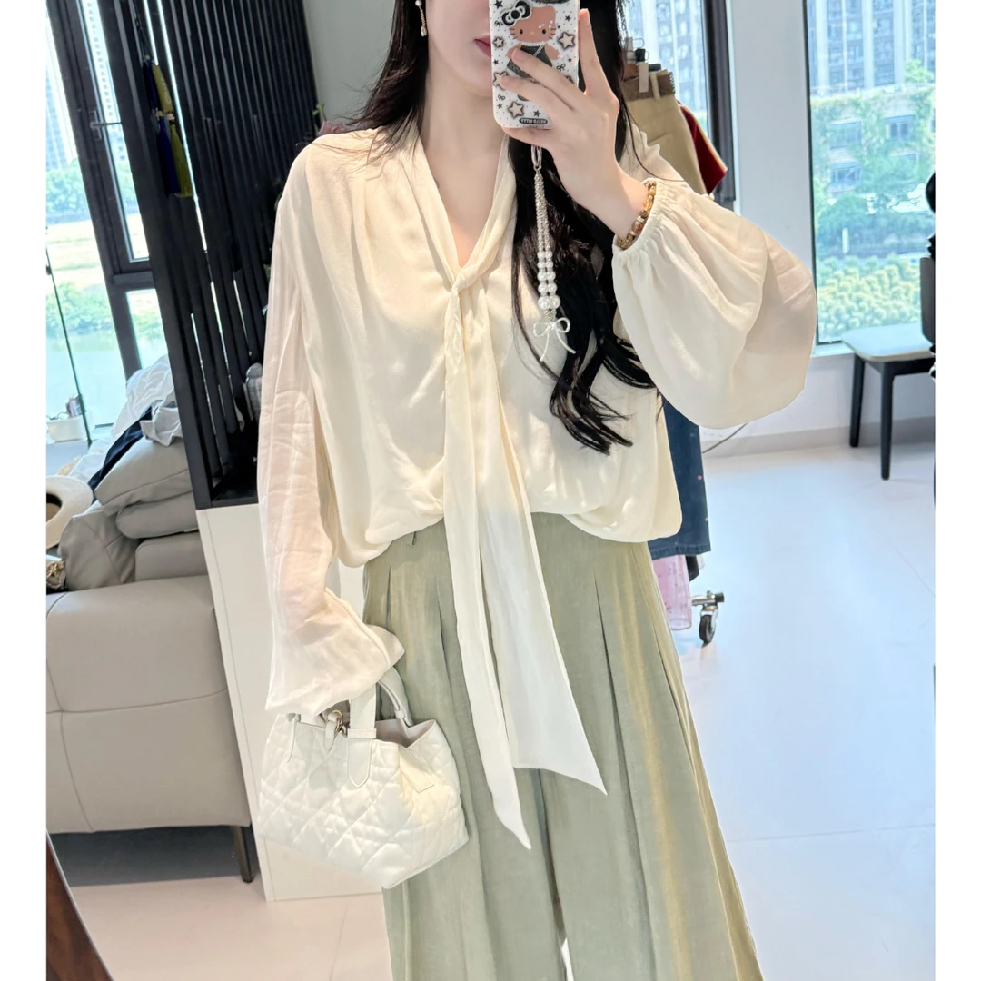 PRASE【春日曲】微胖轻奢设计款夏时尚气质飘带长袖衬衫PR504S62