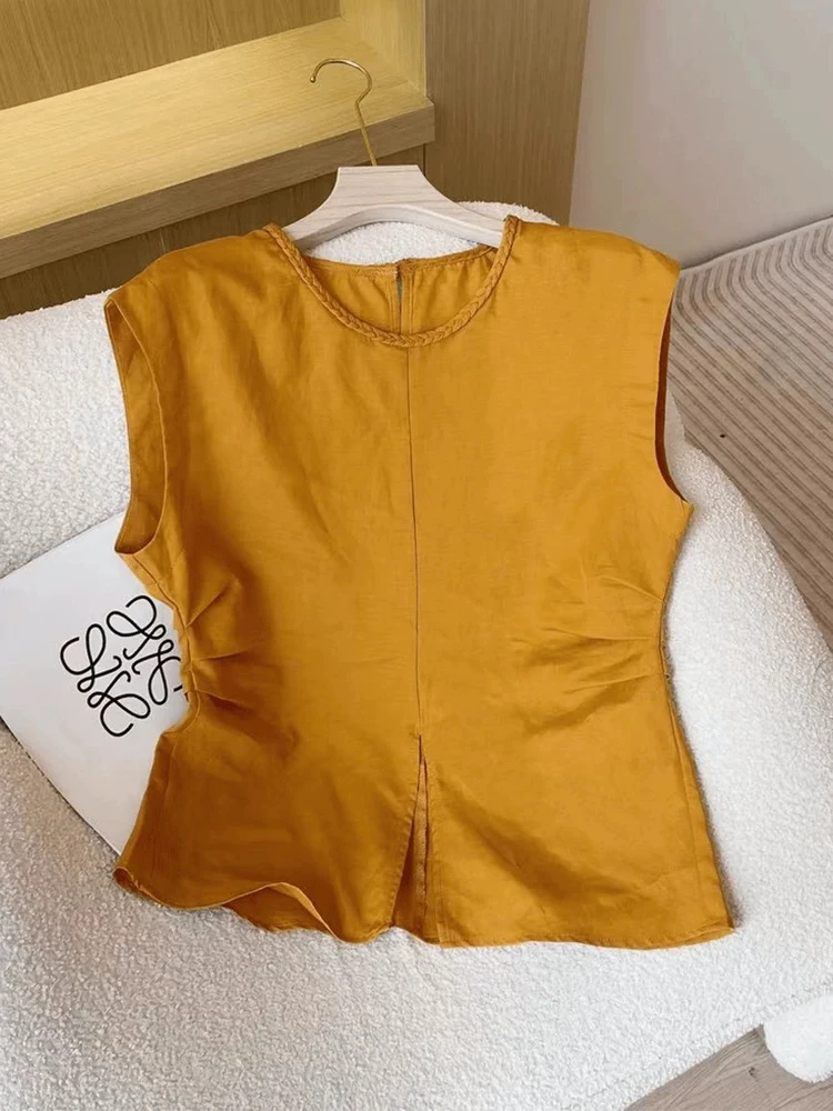 7750#设计感开叉褶皱无袖衬衫女夏款2025新款法式小衫高级感上衣