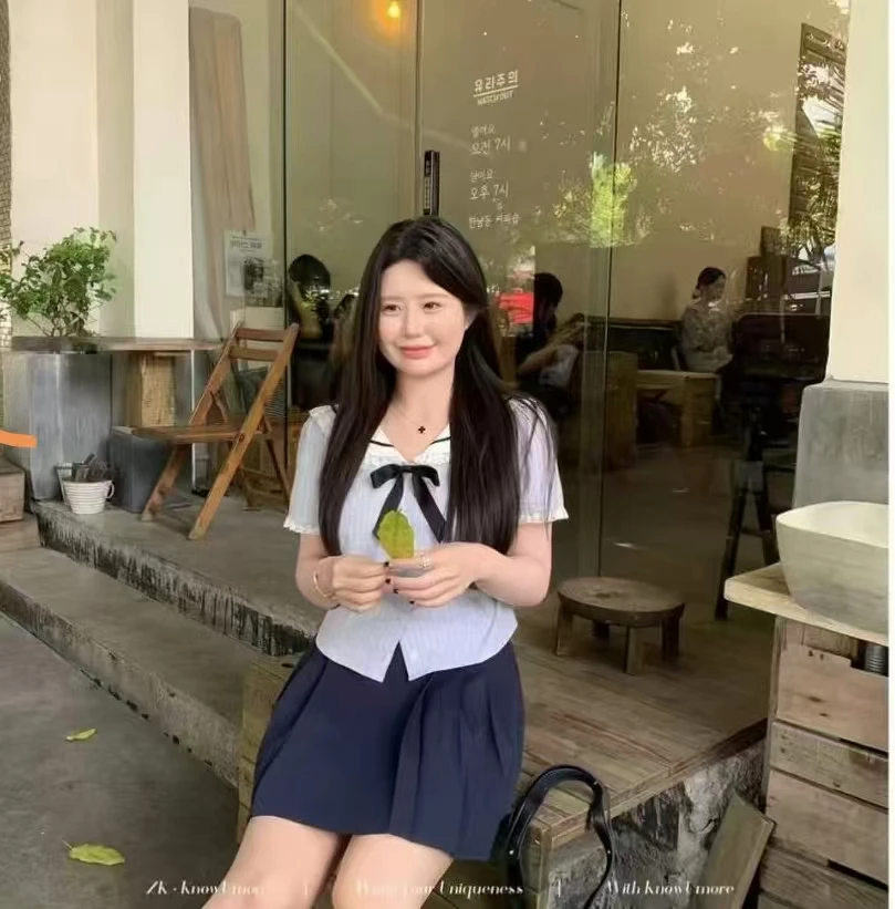 2025时尚学院风海军领短袖上衣长短期套装