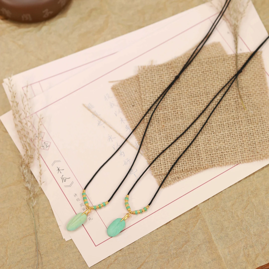 霖泽|绿松石羽毛18K金项链复古国风时尚潮流气质百搭0217