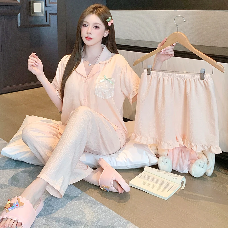 带胸垫三件套睡衣女夏季短袖开衫甜美翻领高级感公主风家居服套装