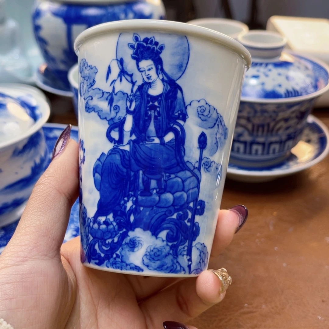 瓷片青花送子观音可乐杯
