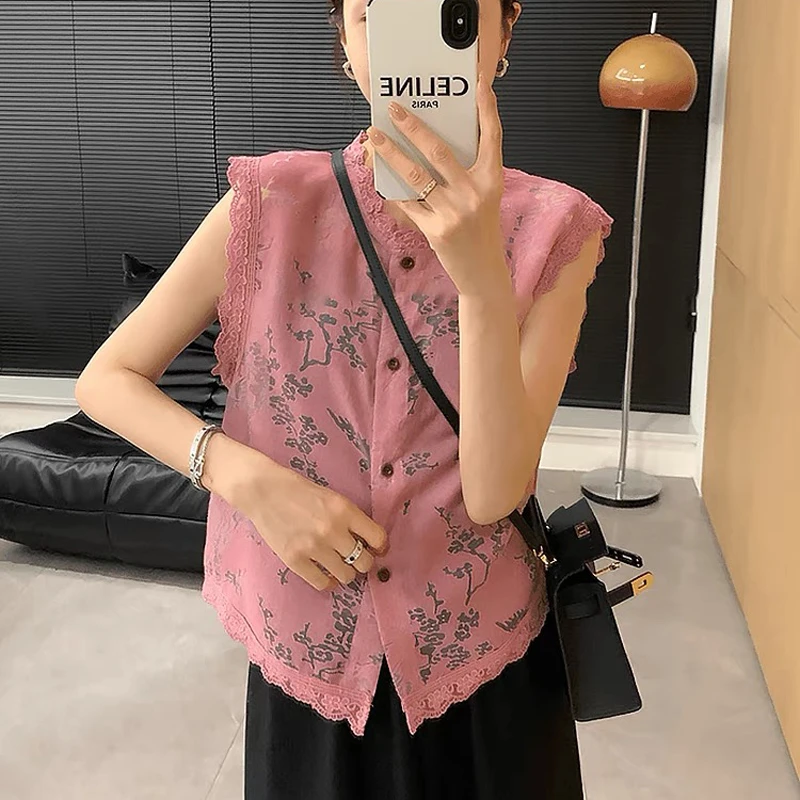 新中式刺绣蕾丝花边无袖T恤 新款夏季气质上衣时尚休闲马甲 9297