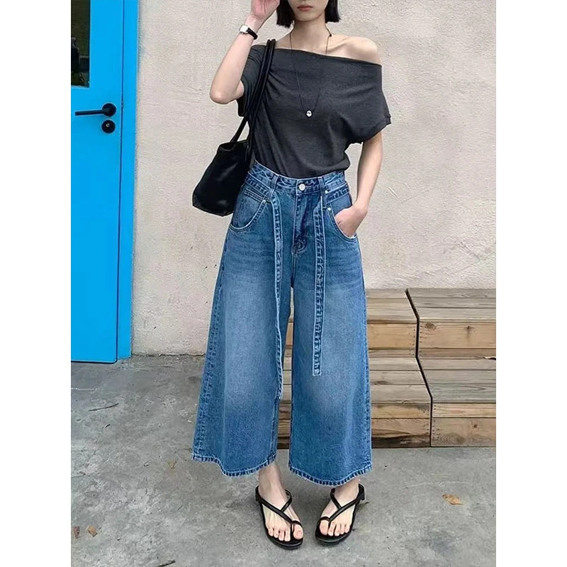 欧货腰绳高腰阔腿牛仔裤女夏季小个子宽松休闲百搭直筒八分奶奶裤