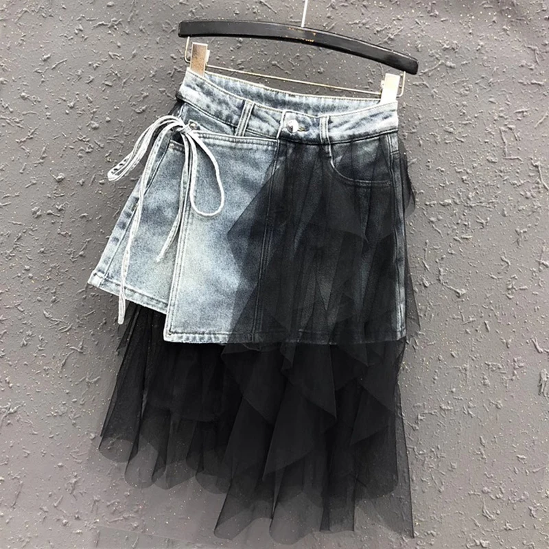 时尚复古设计感网纱裙拼接高腰百褶短裙裤减龄辣妹牛仔半身裙女