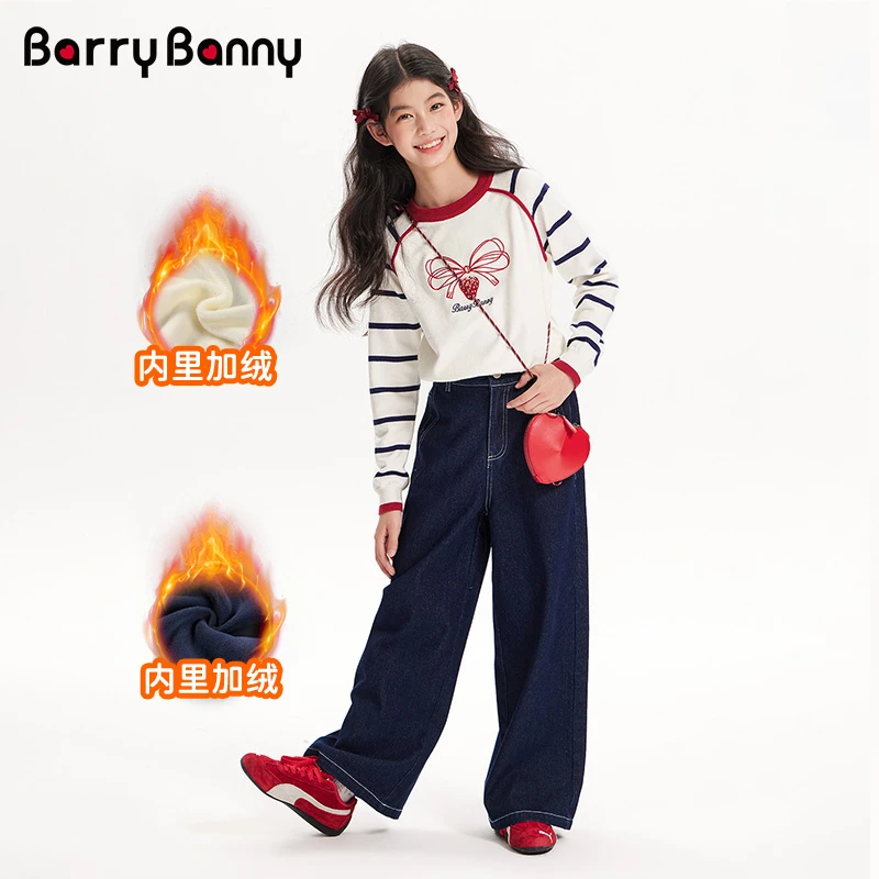 BarryBanny2025女童秋冬新款加绒加厚毛衣针织衫保暖学院风中大童