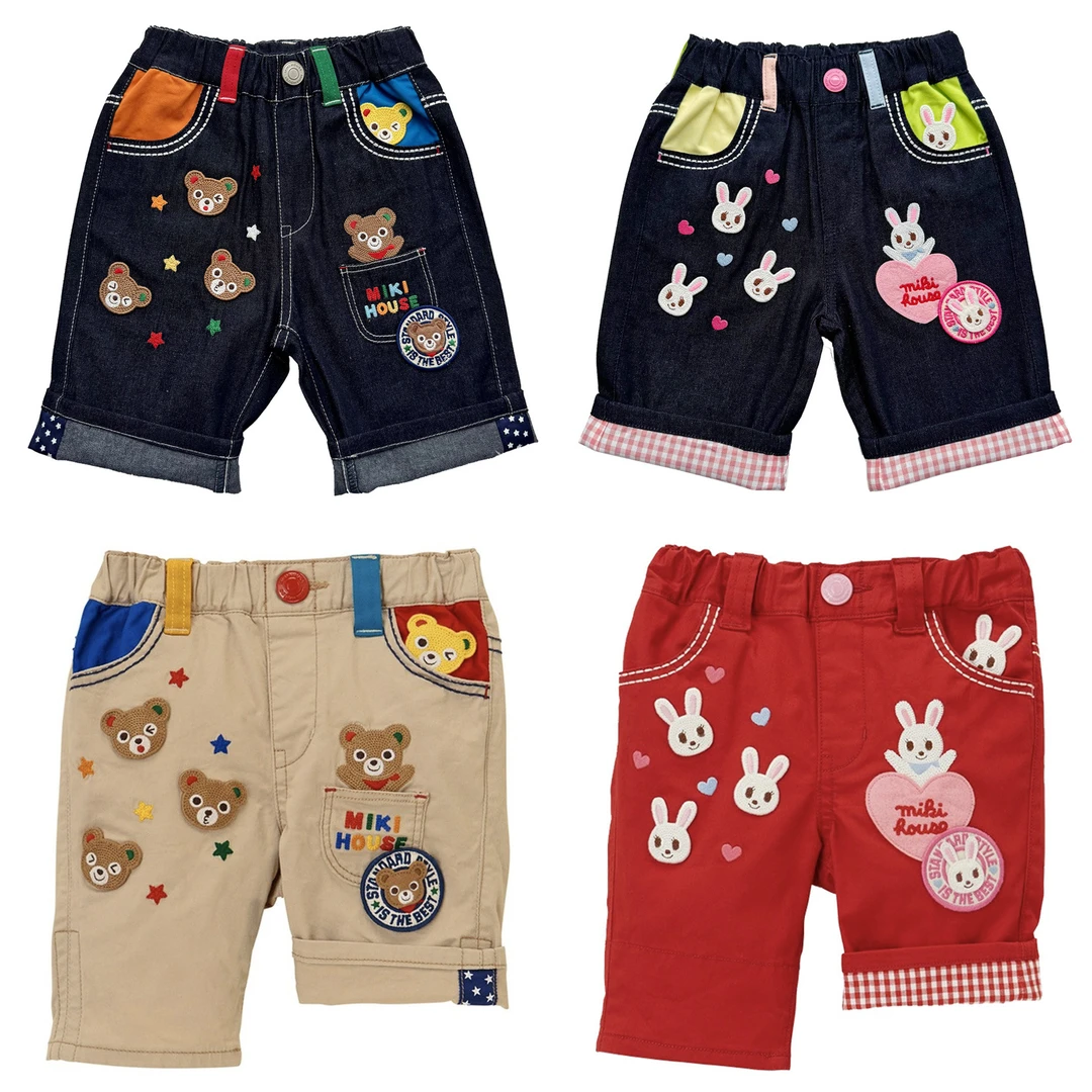 越越家 miki25夏新款 男女童豪华刺绣五熊翻边中裤