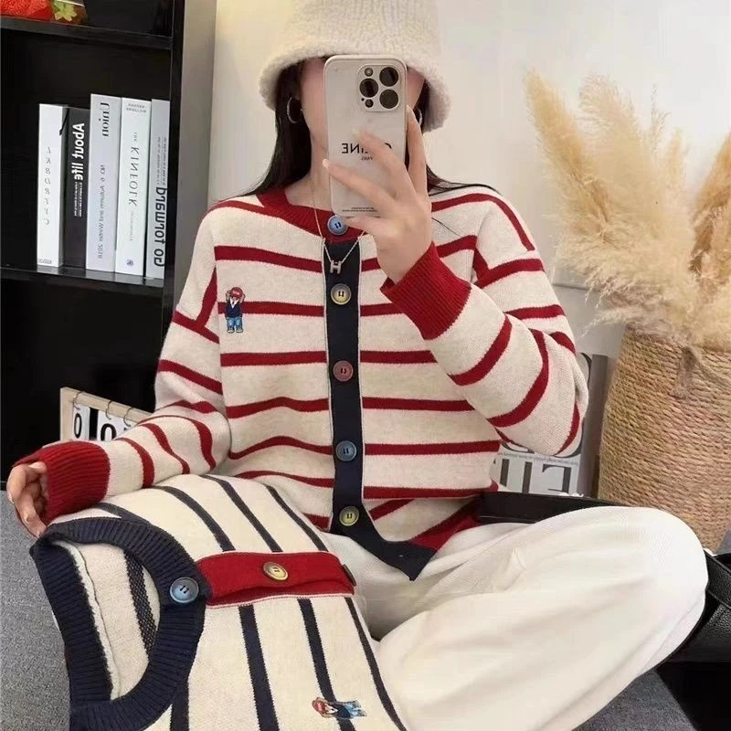 撞色复古条纹开衫毛衣外套女秋冬季卡通韩系针织衫上衣6091