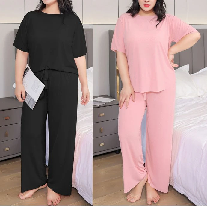加肥加大码家居服女200斤胖mm宽松短袖长裤纯色休闲睡衣套装女