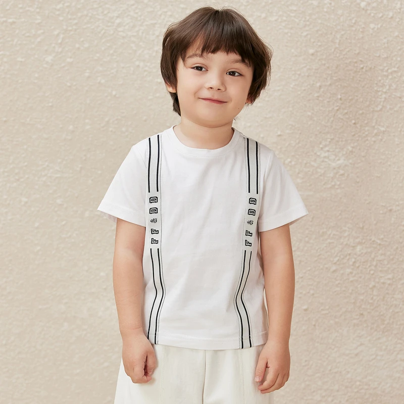 ff&dd童装2024夏季T恤男童撞色织带字母短袖宽松休闲帅气短款上衣