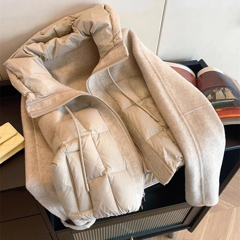 韩版小个子气质百搭抽绳连帽棉服外套女秋冬设计感拼接毛呢面包服