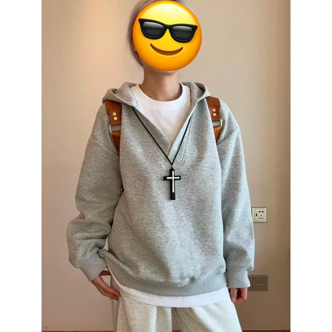 美式设计感浅灰色假两件v领连帽卫衣男2025秋季重磅情侣休闲外套