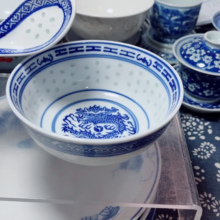 青花玲珑5寸饭碗龙纹30个10个勺用****7