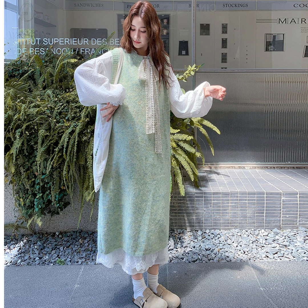 甜美小清新蝴蝶结针织背心连衣裙套装女2025秋新款减龄长裙两件套