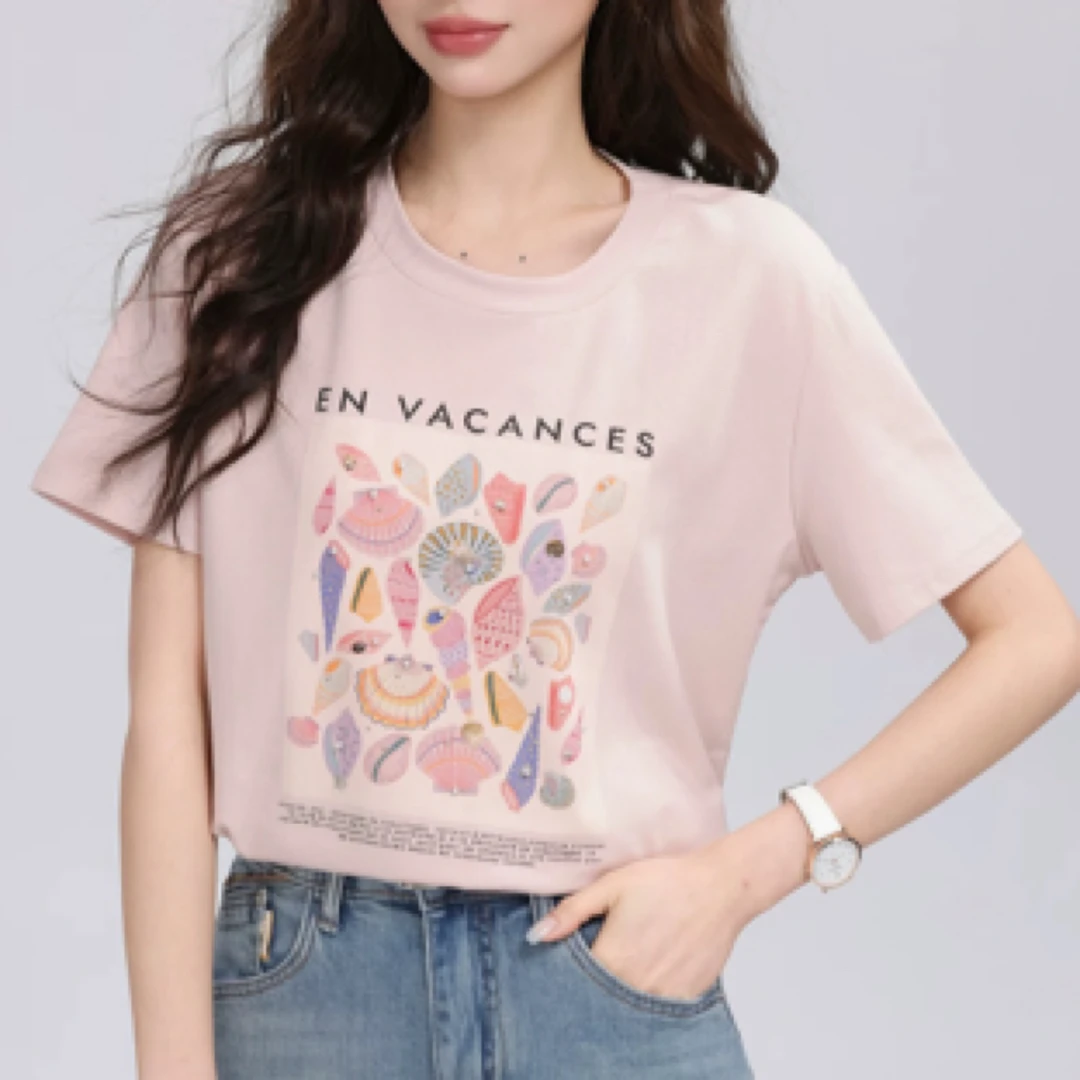 欧货～中小版，字母珠珠贝壳，圆领短袖T恤，均码，百搭