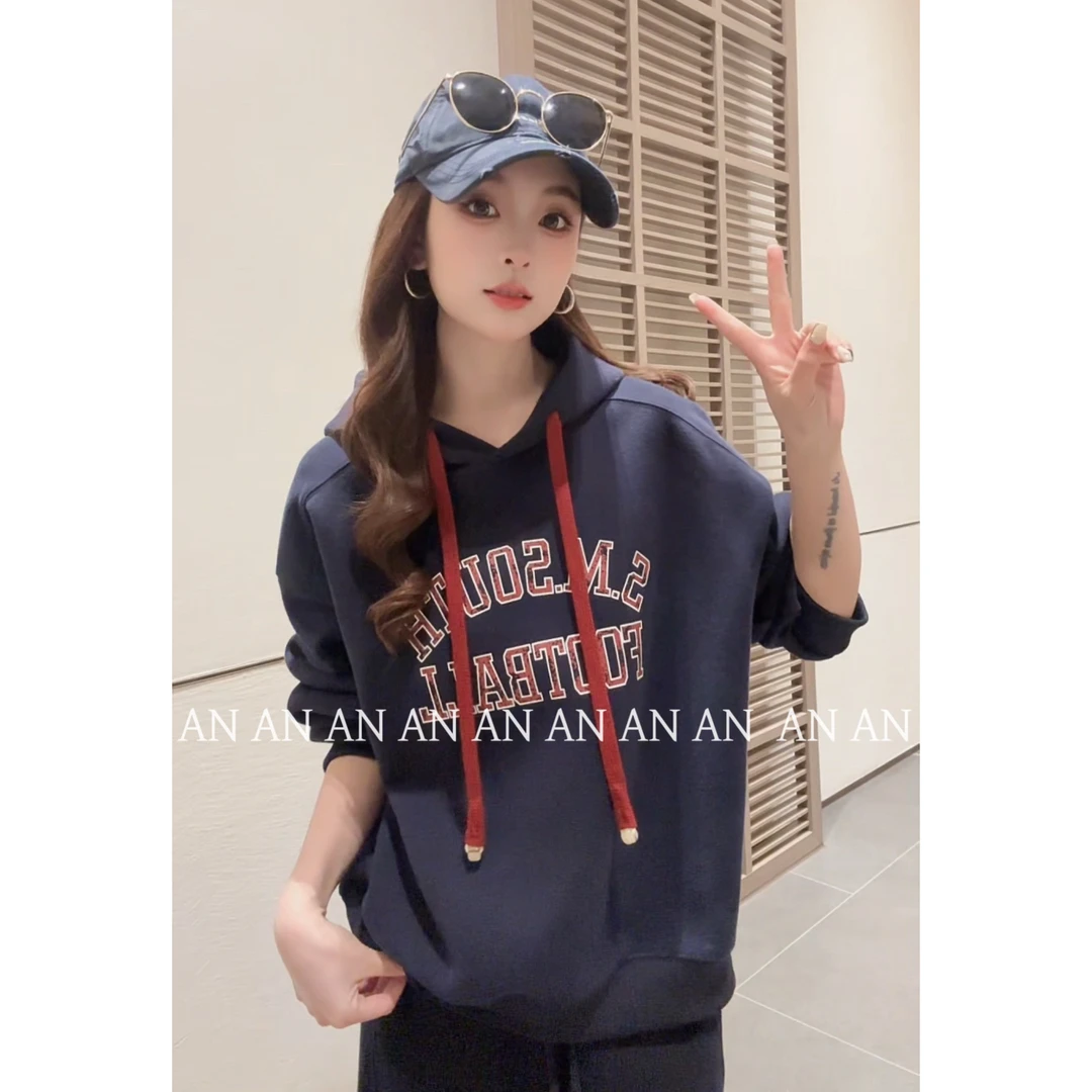 C09446新款韩系慵懒风宽松套头帽衫洋气字母印花连帽卫衣