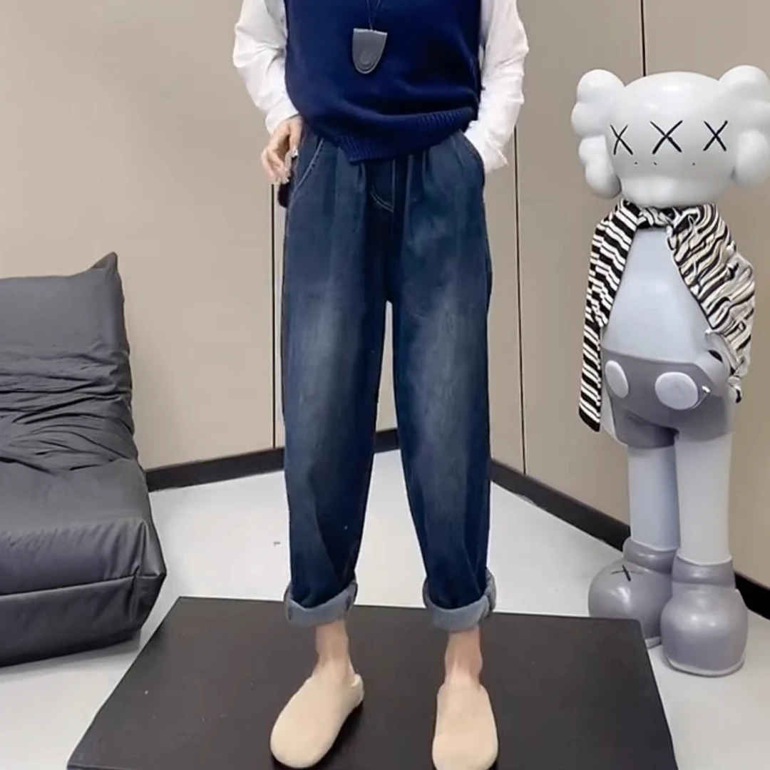 弹力哈伦牛仔裤女2025春季新款大码胖MM高腰显瘦宽松阔腿九分裤