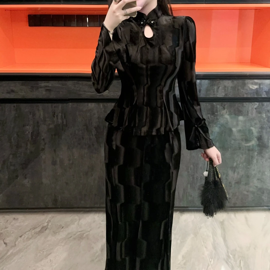 （梦迪套装） 2024秋季新款复古国风丝绒气质套装 上衣+鱼尾裙ins