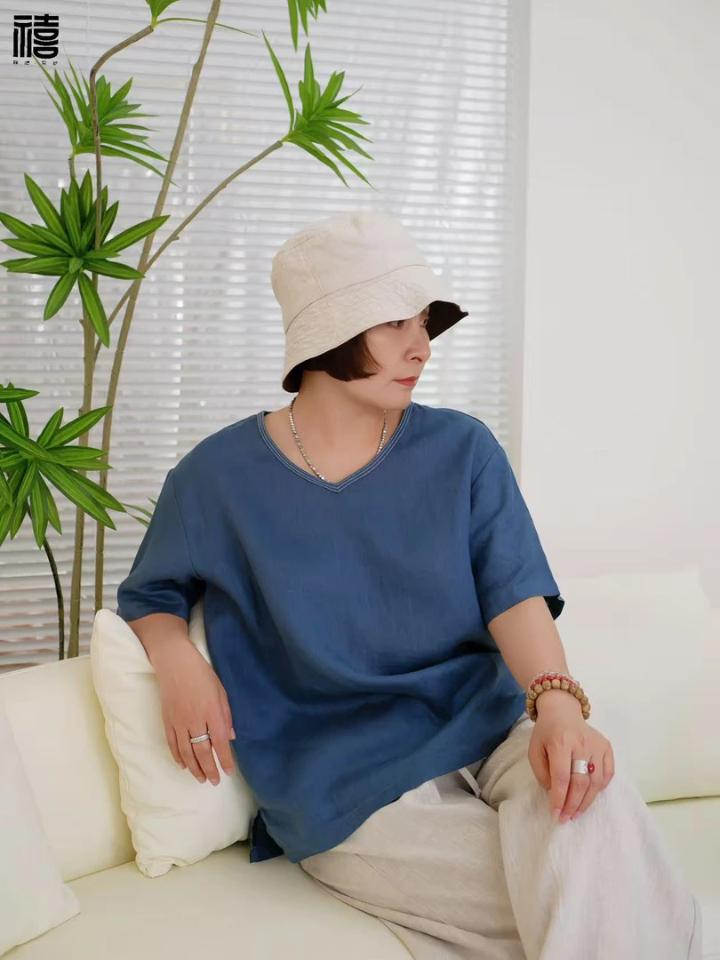 福禧·爱尼夏季新款时尚百搭纯色V领亚麻短袖1064