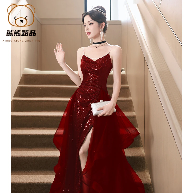红色晚礼服裙双12新款感宴会结婚敬酒服新娘轻奢小众亮片宴会礼by