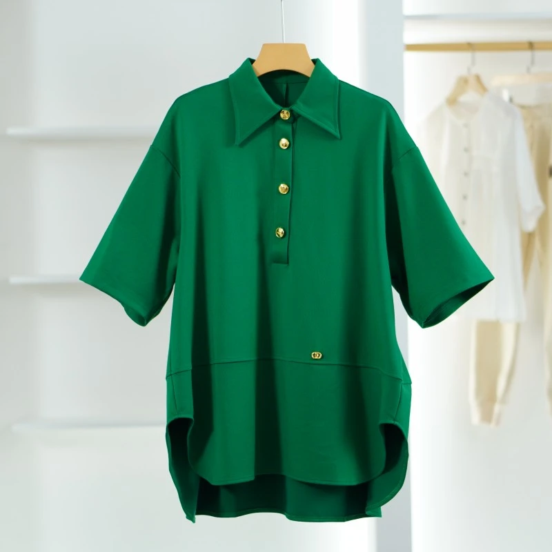 【小黑南油】S714  女装时尚春夏翻领宽松短袖T恤裙绿色66002