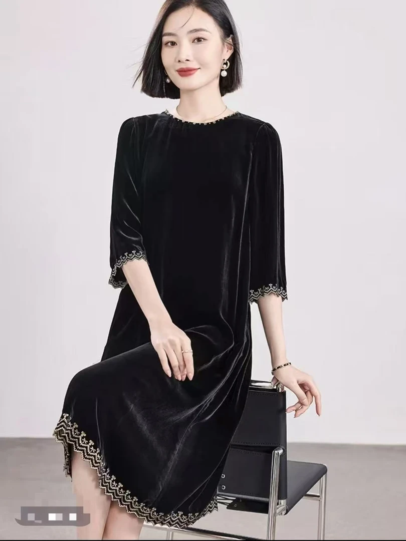 【桑蚕丝丝绒】玲玲推荐轻奢桑蚕丝丝绒连衣裙5963