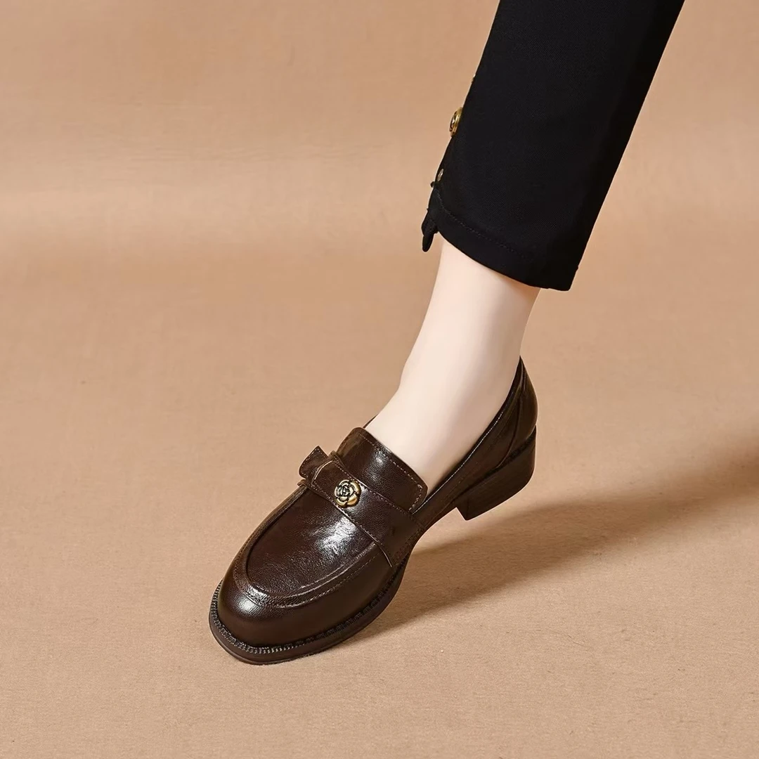 羊皮文艺风单鞋圆头乐福鞋真皮豆豆鞋FD休闲时尚复古粗跟低跟女鞋