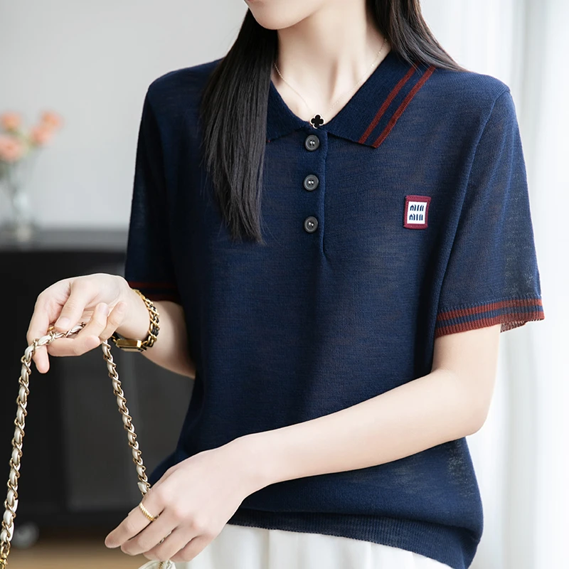 新款POLO领短袖气质上衣翻领时尚宽松休闲百搭夏季新款针织小衫半